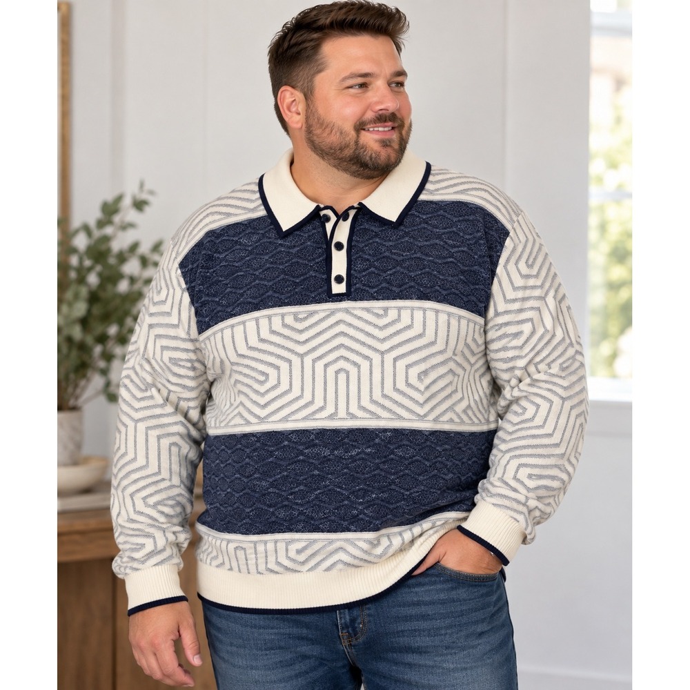 Prestige Original 2XL Wool Blend Knit Polo Sweater Navy Ivory Geometric Men's